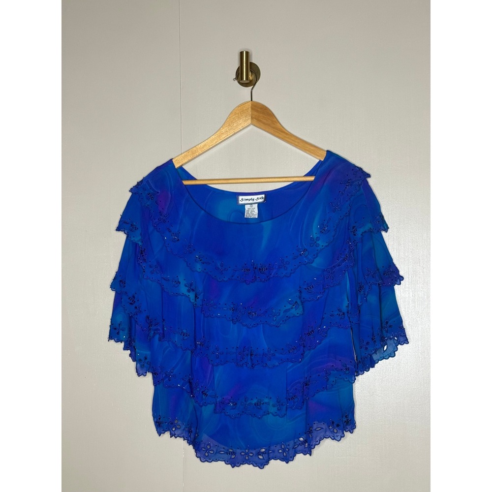 Simply Silk Blue Beaded Silk Chiffon Tiered Boho Blouse Medium